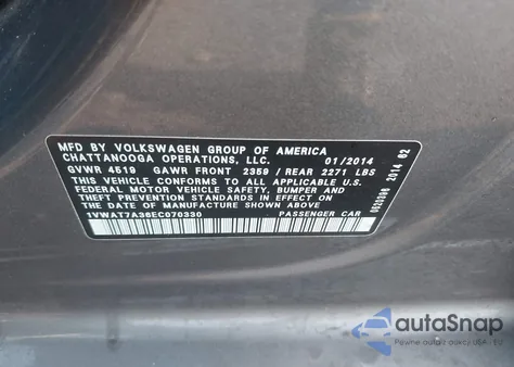 2014 Volkswagen Passat S из США, поврежденный, VIN 1VWAT7A36EC070330